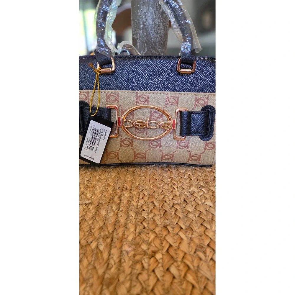 bebe Leilani Monogram Handle Crossbody Wns OS Almond/Black NEW Logo Satchel Bag